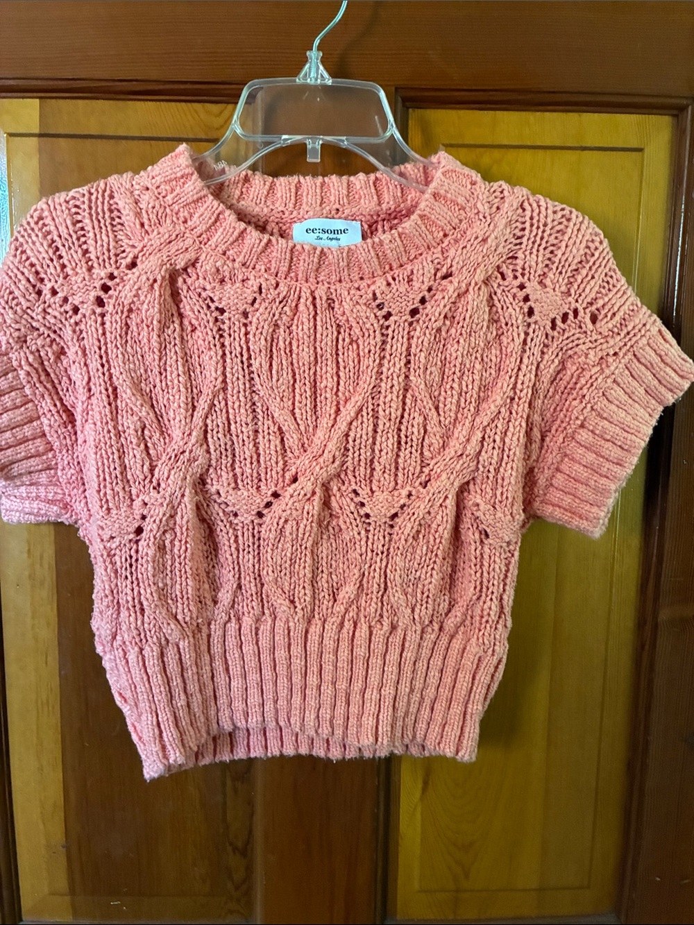 eesome Coral Pink Cable Knit Short-Sleeve Sweater
